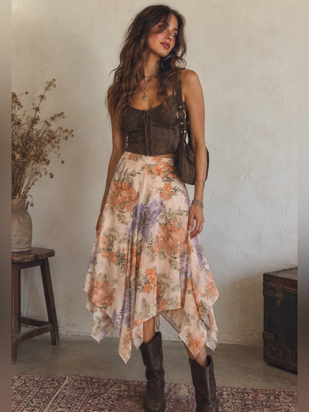 Vintage 90s Rena Rowan Floral Handkerchief Hem Midi Skirt Fairycore Boho Sz 12